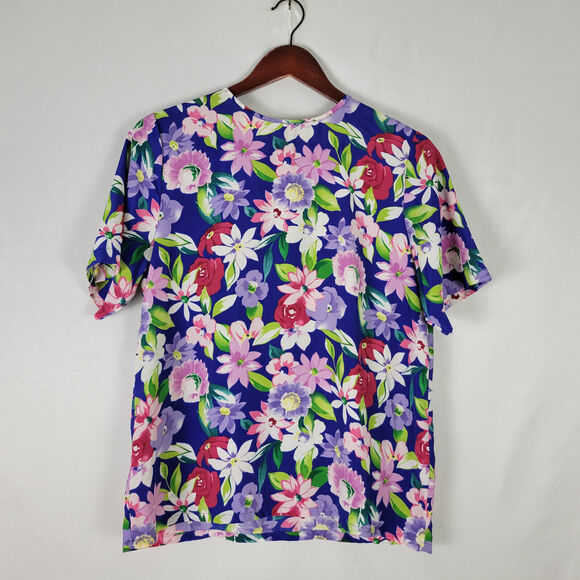 Kathie Lee‎ Shirt Womens 6 Top Multicolor Floral Short Sleeve Round Keyhole Neck - Picture 1 of 10